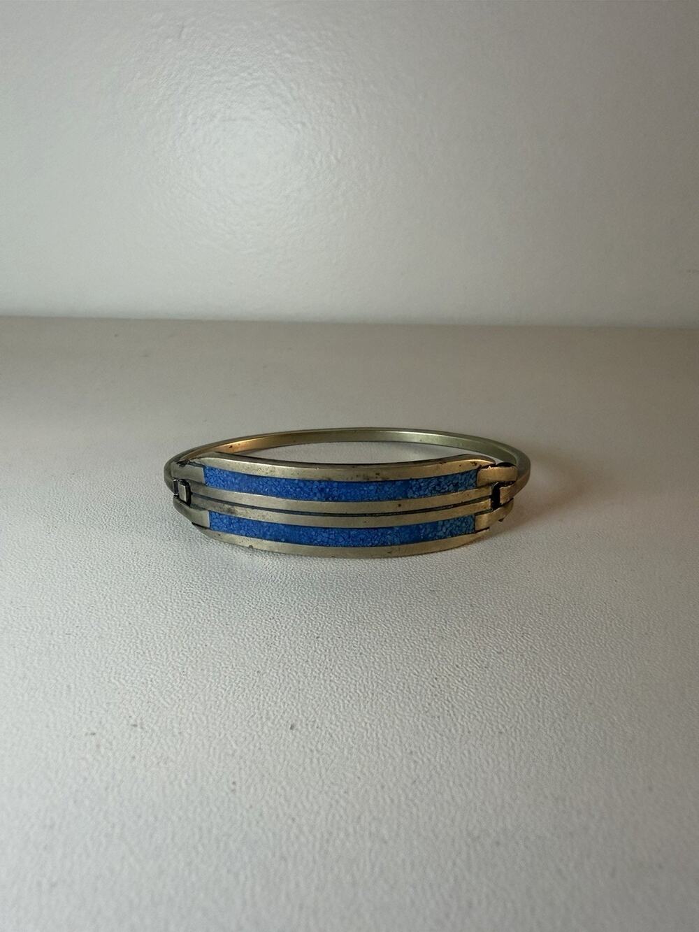 Vintage Mexican Sterling Silver Turquoise Inlay Hinged Bangle Bracelet VTG